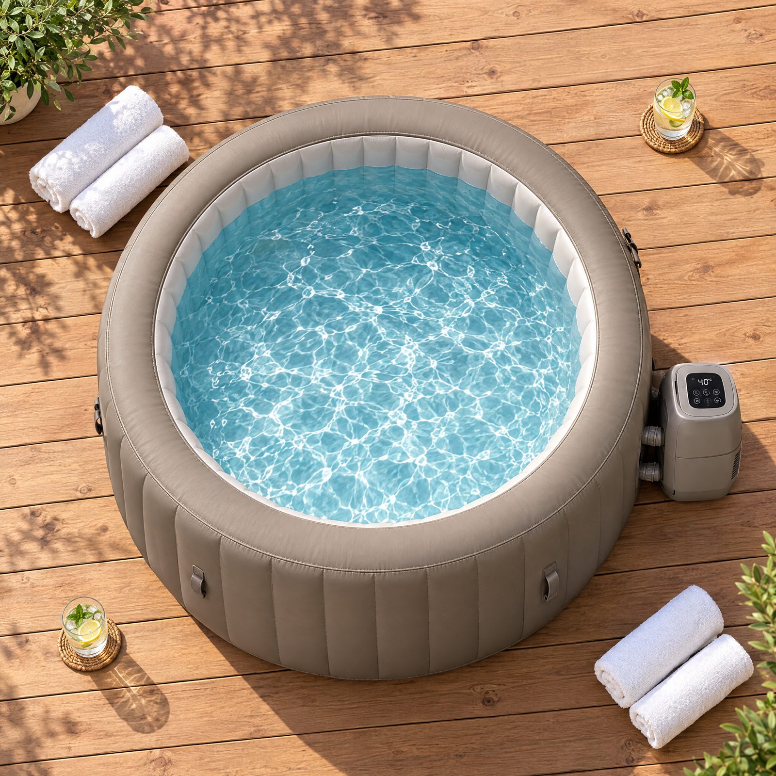 Garden spa seen from above on a wooden deck