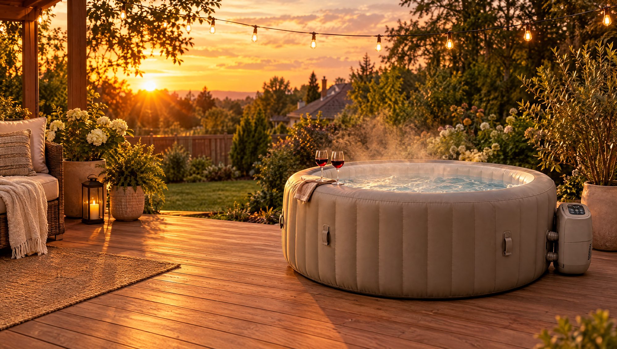 Inflatable hot tub on a garden deck at dusk under string lights